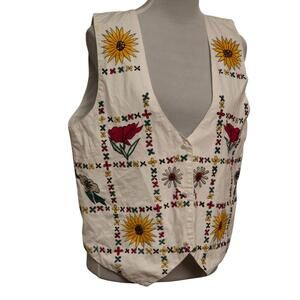Vintage 90's White Embroidered Floral Speing Button Up Vest Sz M